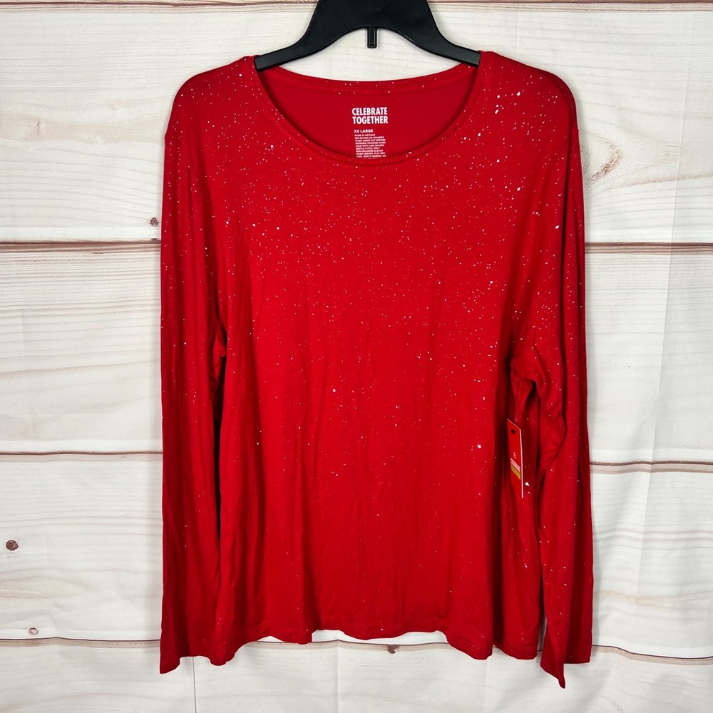 Celebrate Together Top Womens XXL Red Sparkle T-Shirt Jersey Knit Long Sleeve